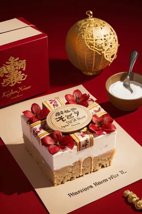 ((best quality)), ((master piece)), (extremely detailed), (dragon lunar new year), (desert), greeting card with happy lunar new year message. a gift box full of delicious dessert. (natural light)