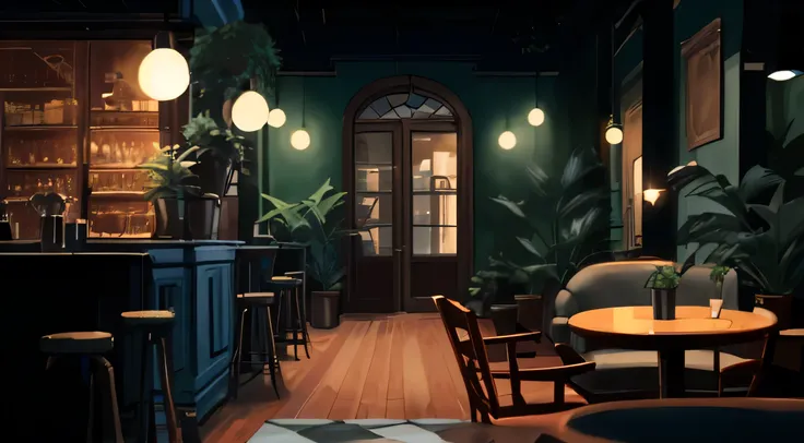 Cafe interior, the night, a plant