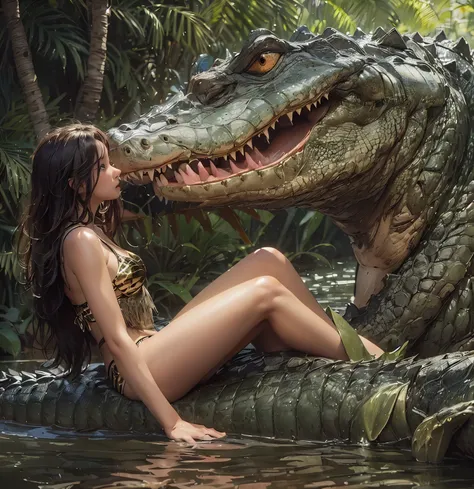 A beautiful girl who came to play with a ferocious crocodile