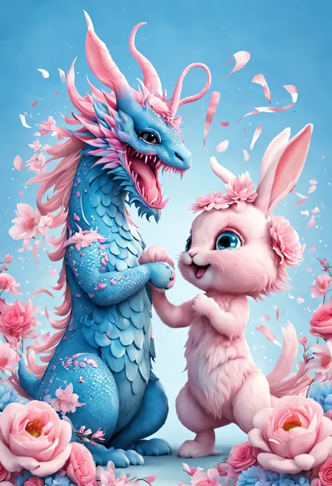 （2024 new year poster design），Pink and blue as main colors， (Cute playful blue zodiac dragon shaking hands with crying pink rabbit）,Wearing beautiful makeup，Long eyelashes，a happy new year，（2024）， a happy new year，fresh flowers，