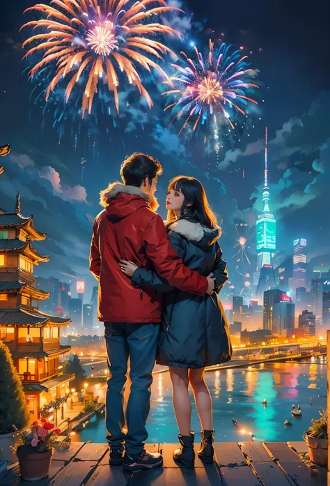 at winter season，((1 couple，hugs，Watching the fireworks in the sky))，(new year)，(concert)，(square)，(crowd of), (skyscrapper，City night view in the background, Many fireworks in the background), illustratio, Warm and joyful atmosphere, illustration, New Yea...