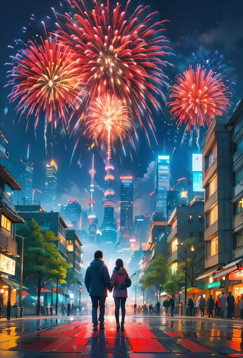 at winter season，((1 couple，hugs，watching the fireworks in the sky))，(new year)，(concert)，(square)，(crowd of), (skyscrapper，city...