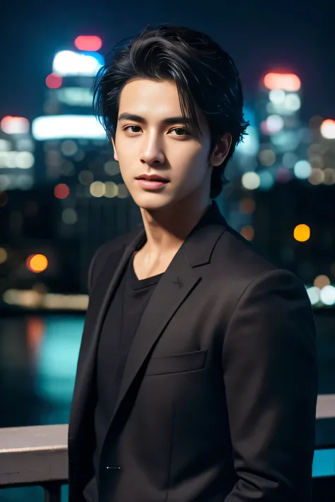 Best quality, masterpiece, ultra high res, (photorealistic:1.4), detailed face, detailed eyes, raw photo, young handsome male, black hair, (full body), view from top, (night city background:1.2)