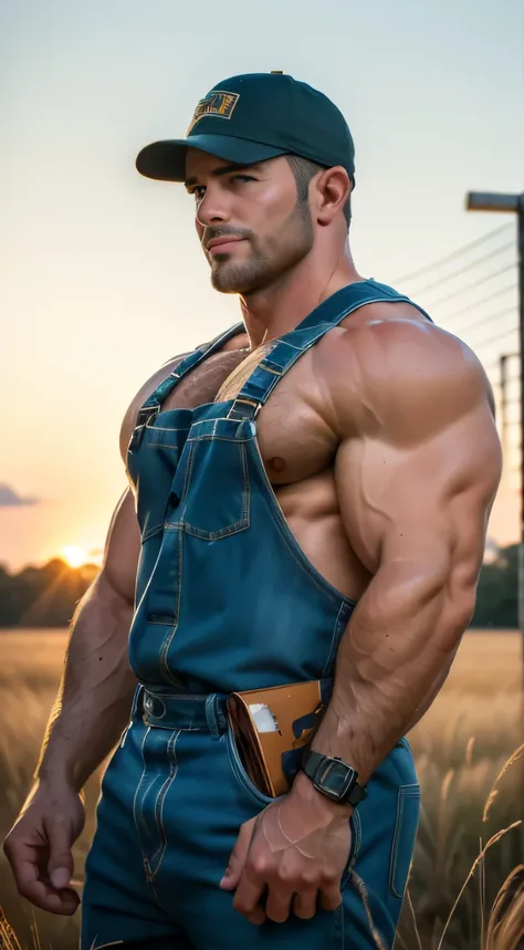 An award-winning original photo，A wild muscular man, (40 years old daddy:1.1), 1boy, Solo, (wearing red plaid overall), (big shoulders), musculature, stubbles, Short beard, Beautiful eyes:1.3, ), (Detailed face:1.3), (baseball cap), smiles, Dynamic Angle, ...