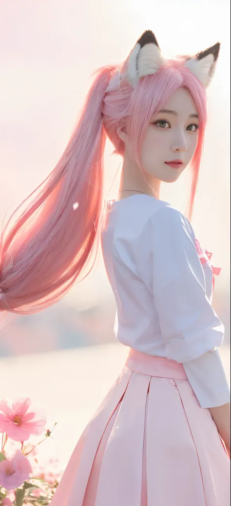 Nine snow-white fox tails (1.0), Milky white fox tail (1.0), Close-up of nine-tailed fox, Nine tails, Nine tails, Anime manga girl，one with pink hair，Pink skirt，There are flowers on the hair, Very beautiful anime fox girl, Beautiful anime fox girl, Beautif...