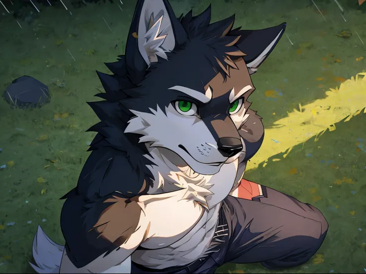 Furry,solo,Shota,pitch black wolf,masculine,Emerald green eyes,sitting on the floor,Turn your head and look up at the sky.,It&#39;s raining.,Raindrops hit the face,Behind is a deserted field.,Sad facial expression,(high angle view),Dynamic images,HDR,4K,Ma...