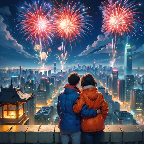 at winter season，((1 couple，hugs，watching the fireworks in the sky))，(new year)，(concert)，(square)，(crowd of), (skyscrapper，city...