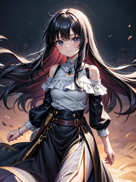 solo, womsn, fantasy RPG, knights, careless personality, detaild beautifu face and eyes, off shoulder white shirt and skirt, s Armor, black hair, long hair, floating hair, shiny hair, jewelry, light smile, Conceptual art, cinematic lighting, jpeg artifacts...