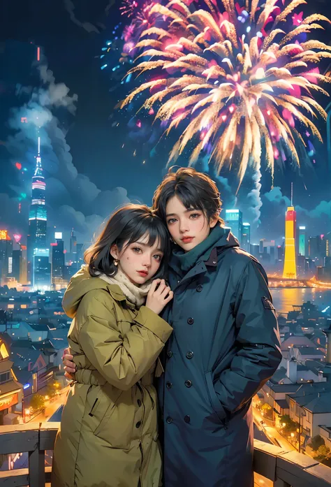 at winter season，((1 couple，hugs，Watching the fireworks in the sky))，(new year)，(concert)，(square)，(crowd of), (skyscrapper，City night view in the background, Many fireworks in the background), illustratio, Warm and joyful atmosphere, illustration, New Yea...