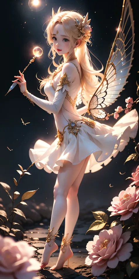 1 moon，Beautiful transparent flower fairy baby, Transparent colorful wings, The wand fluttered in the wind､The wand flashed with starlight，Golden wand，Beautiful blue sky and white clouds、Girls have transparent wings､smile kindly､Beautiful garden background...