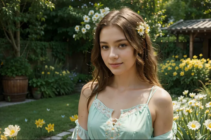 (studio lighting:1.2,beautiful detailed eyes and face,soft wavy hair,innocent smile) wearing a flowy pastel dress. The scene is set in a magical garden (colorful, vibrant) with blooming flowers (roses,tulips,daffodils,daisies), lush greenery, and a gentle ...