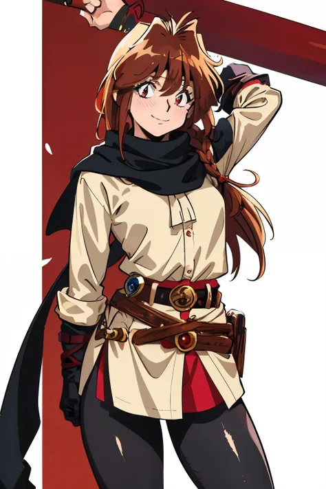 Slayers anime style, 1 woman, brown hair tied in 1 middle braid, side bangs, very long side bangs, black mate leggings, simple medieval clothes, white long blouse tied with a belt, rolled up sleeves, red hood scarf, half closed calm eyes, little smile.