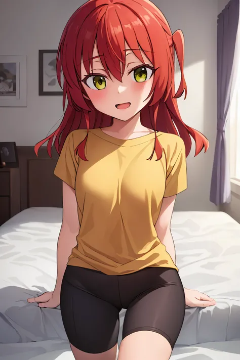 1 girl, best quality, ultra high res, long hair, red hair, green eyes, looking at viewers, small breast, standing, pov, slim body, loli body, small body, smile, open mouth, yellow shirt, short sleeves, bike shorts, bedroom, white bed sheets,