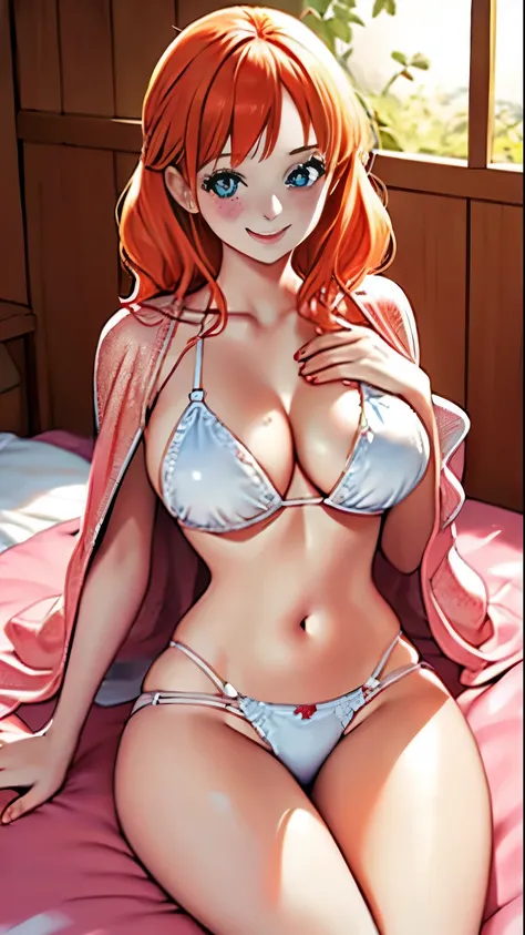 body: pale skin, strawberry blonde hair, girl, hair down,  slightly freckled, slight overweight, soft, busty, navel
clothing: hair ribbon, thin sheer robe, low opacity fabric
pose: blushing, slightly smiling, bliss, lying down, legs parted, hands in pantie...