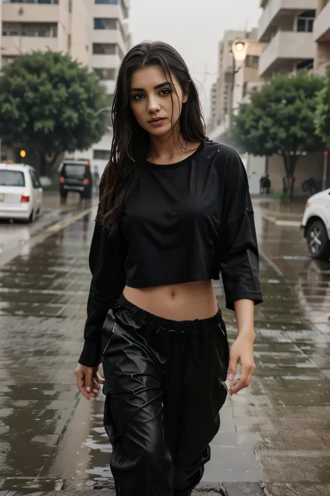 Realistic and detailed portrait of an Iraqi girl, attractive, 20 years old  Iraqi beautiful in the rain, naked, sexy pose, soaking wet, see thru black baggy t-shirt, long shirt, bred bra, pouring rain, seductive, wearing red cargo baggy pants, little cheek...