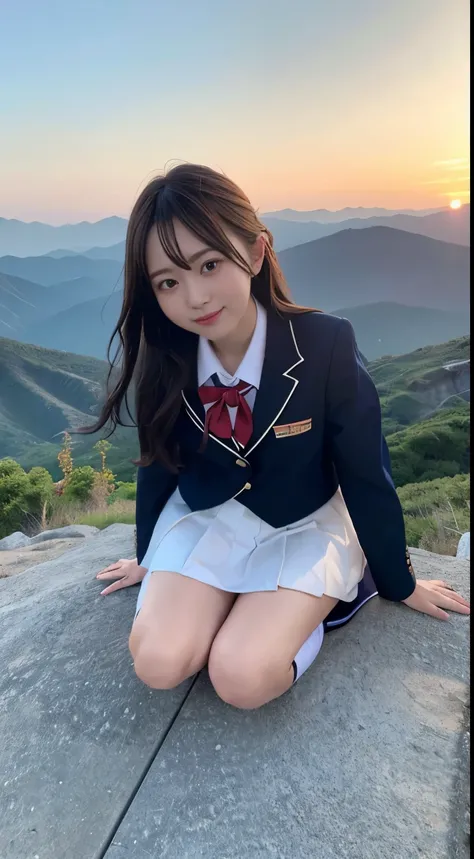 One woman on top of a mountain watching the sunrise in her school uniform,