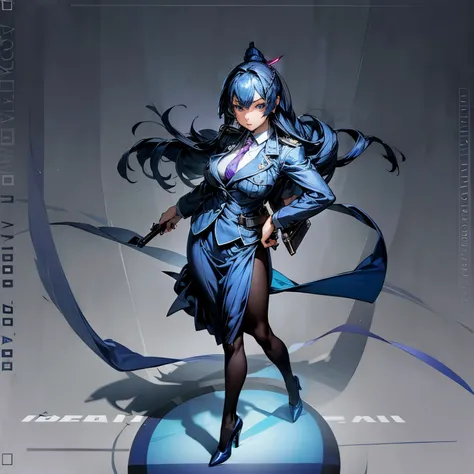 Female Police Officer、Long blue hair、Indigo Tie、Blue tight skirt、Indigo Blazer、pantyhose、high-heels、Standing statue with full body view