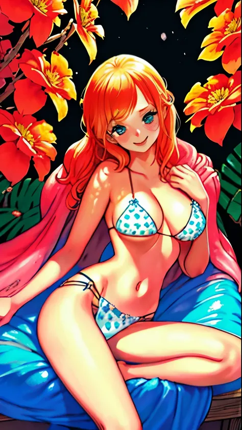 body: pale skin, strawberry blonde hair, girl, hair down,  slightly freckled, slight overweight, soft, busty, navel
clothing: hair ribbon, thin sheer robe, low opacity fabric
pose: blushing, slightly smiling, bliss, lying down, legs parted, hands in pantie...