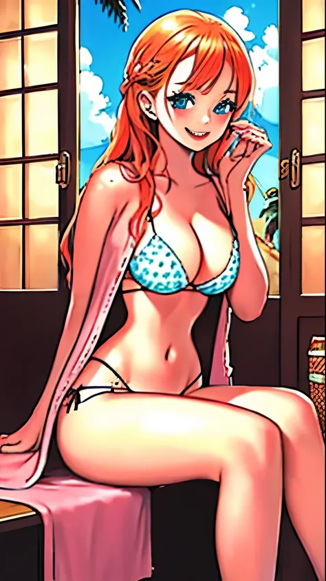 body: pale skin, strawberry blonde hair, girl, hair down,  slightly freckled, slight overweight, soft, busty, navel
clothing: hair ribbon, thin sheer robe, low opacity fabric
pose: blushing, slightly smiling, bliss, lying down, legs parted, hands in pantie...