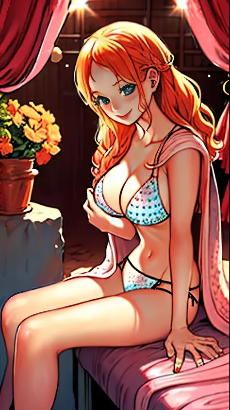 body: pale skin, strawberry blonde hair, girl, hair down,  slightly freckled, slight overweight, soft, busty, navel
clothing: hair ribbon, thin sheer robe, low opacity fabric
pose: blushing, slightly smiling, bliss, lying down, legs parted, hands in pantie...