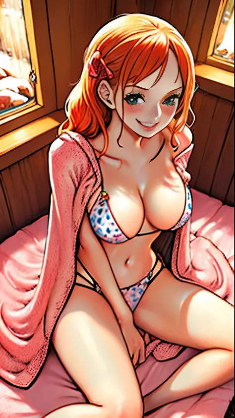 body: pale skin, strawberry blonde hair, girl, hair down,  slightly freckled, slight overweight, soft, busty, navel
clothing: hair ribbon, thin sheer robe, low opacity fabric
pose: blushing, slightly smiling, bliss, lying down, legs parted, hands in pantie...