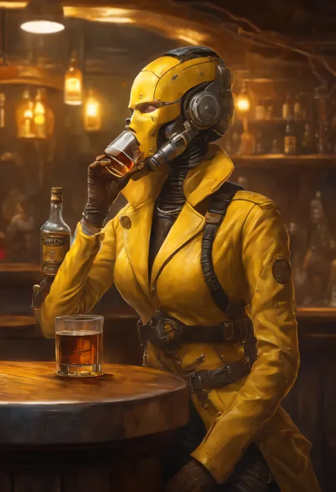 painted a realistic painting ((Yellow rusty cyborg drinking whiskey inside an apocalyptic bar)),((Cyborg with only a female face))、topquality、The dim、Depth of subject、