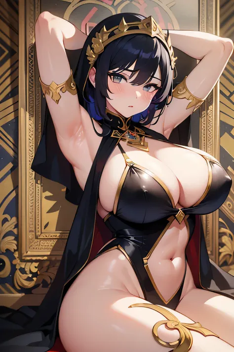 Portrait of a mature woman face, ((red blush))、coiled long hair、shame、Plump body，crisp breasts，(Show the armpits)、鎖骨，Colossal tits，gigantic cleavage breasts，cleavage，huge-breasted，(thighs thighs thighs thighs)、(((Open crotch))), ((Spread legs)), ((knees up...