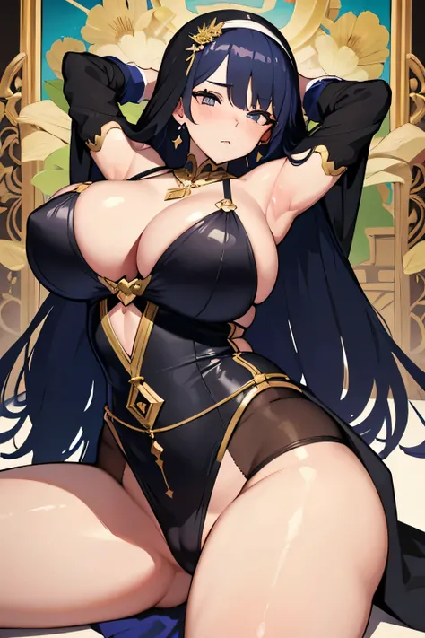 a matural female, ((red blush))、shame、Plump body，crisp breasts，(thighs thighs thighs thighs)、(((Open crotch))), ((Spread legs)), ((knees up)), ((Lie down)), (Bob Hair)，(Show the armpits)、鎖骨，Colossal tits，gigantic cleavage breasts，cleavage，huge-breasted，Gol...