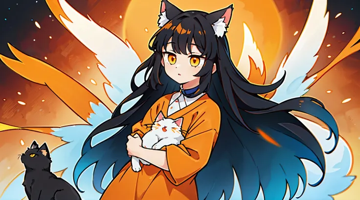 one-girl, black color hair, long whitr hair, Holding a white and orange cat, hair straight, There is only one person in the picture, tmasterpiece, A high resolution