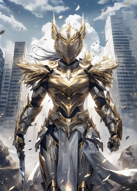 a man in armor standing in front of a city, dressed in light armor, angelic golden armor, intricate white and gold armor, gold paladin, golden armor, stunning armor, covered in full silver armor, beautiful armor, but the armor covers her face, wearing witc...