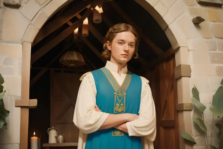 1152, Kingsbridge, England. Otherworldly scene in a medieval construction tent, ((((31-year-old)) Levi Miller)), crossed arms, smug expression, ((((tunic from the 12th century)))), ((Hairstyle of the 12th century)), ((Wes Anderson cinematic style)), colorf...