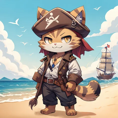 Cat dressed as a pirate, chibi, standing, background beach, stunning style