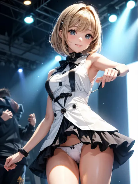 ((masterpiece)), ((best quality)), (ultra-detailed), ((extremely detailed)), 4K, (8K), best quality, (beautiful), anime style, full body, focus on the face, full body focus, from below, Live performance venue, a cute girl, 1girl, solo, idol, (panty shot:1....