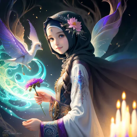 smiling face Subtle girl with flowers Full hijab, full dress, full robe,  ethereal fantasy concept art of intricate  quilled , vibrant, beautiful  quills, hyper detailed, insane depth, gorgeous composition, chaotic but orderly . magnificent, celestial, eth...