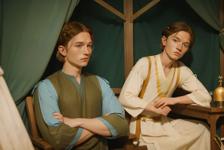 1152, Kingsbridge, England. Otherworldly scene in a medieval tent, ((((31-year-old)) Levi Miller)), crossed arms, smug expression, ((((plain tunic from the 12th century)))), ((Hairstyle of the 12th century)), ((Wes Anderson cinematic style)), colorful