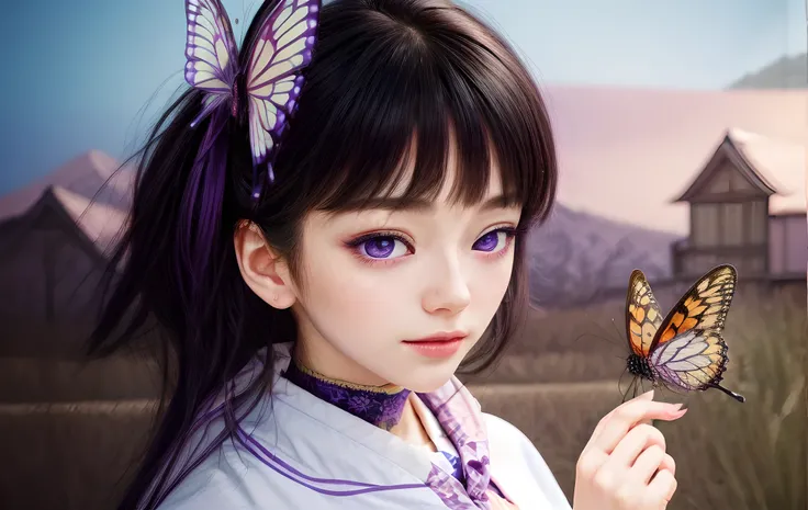 1girl, japanese, black hair, purple pupils eyes, butterfly on finger, (masterpiece:1.2), (illustration), (best quality:1.2), (best aesthetic:1.2), (beautiful art:1.2), (ultra-detailed:1.2), (8k), (HDR), (wallpaper), (sharp focus), (intricate),