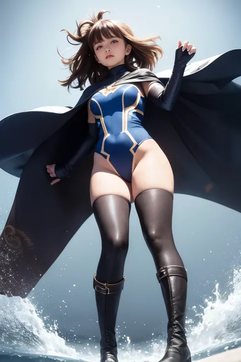 My hero academia student who’s a girl with long brown curly hair and brown eyes wearing a costume combines elements of elegance, femininity, and power. It consists of a form-fitting bodysuit in shades of deep blue and silver, representing the air and wind....