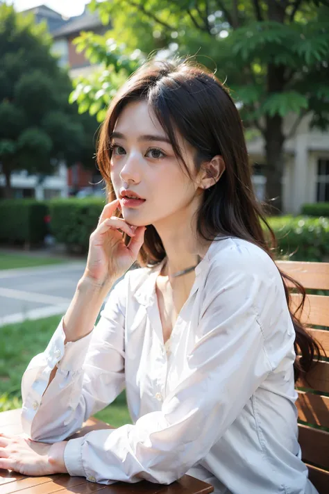 ((Best quality at best)), ((tmasterpiece)), (detailed), The background is an outdoor chair，natural face，Several people are listening carefully，long sleeve work uniform