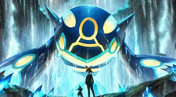 Lets go movie poster with a man standing in front of a giant blue creature, Water type, illustration Lets go, bigger)}], mega legendary, Lets go sword and sheild, conceptual mystery Lets go, Hyper-realistic photos taken by rayquaza, Lets go,Ge Gang , new L...