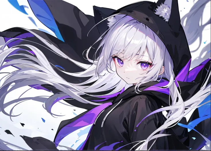 ((Best Quality)),close、Facing the front、Being in the middle、Hanging、Wearing a black hoodie、looked lonely、He had gray hair and furry ears.、Purple-eyed、wolf girl。The back is black。The wind is blowing、Hair is fluttering。natta