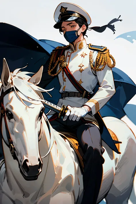 White military uniform, black hair, wearing a white mask, man holding a sword, riding a white horse, wearing a white military cap, wearing white gloves.