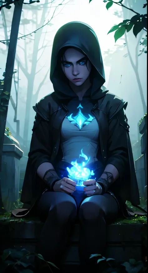 1 Solo, woman,hood,, mascular body,, glowing blue eyes, sitting with tree,,grim soul,,graveyard,,dark black shorts, dark black rose, scary , fantasy jungle,red moonlight, scared cinematic shot,((masterpiece, best quality, )),