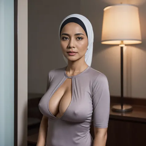 52 years Old, Hijab Indonesian mature woman, Big Tits : 146.9, Long-sleeveles Shirt, Slim body, Breast about To burst out, at doctor office, Dark light, at Daytime