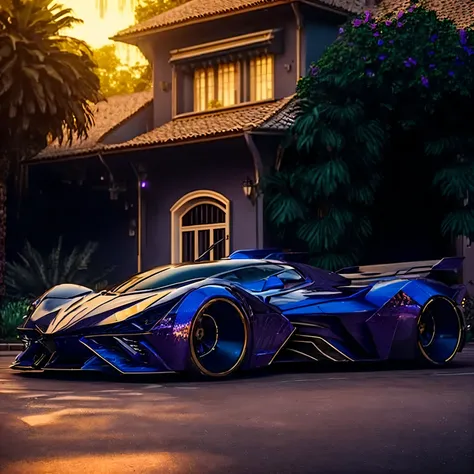 a close up of a purple and blue car parked in front of a house, very futuristic, badass batmobile car design, bold lamborghini style, futuristic car, futuristic cars, super car, supercar, 8 k highly detailed ❤🔥 🔥 💀 🤖 🚀, concept car, majestic and futuristic...