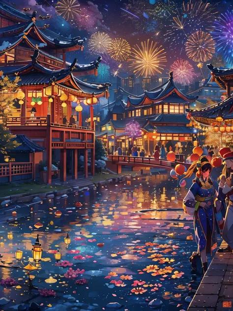 at winter season，new year，(couple:1.1)，city night scene，(buildings:1.3)，(lamplight辉煌)，lamplight，starry sky river，gorgeous color，...