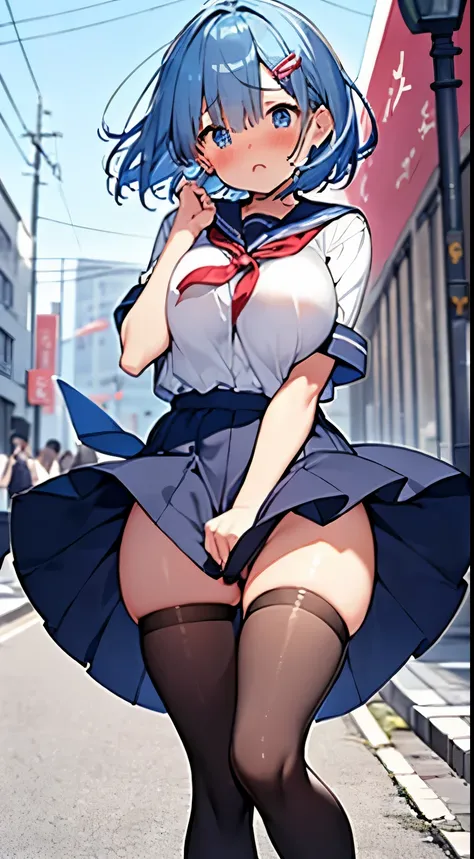 1womanl,Blue hair,Beautiful hands、In the street、Bustling street、Crowds、main street、Red ribbons ,((Surprised look)),Beautiful breasts,very Bigger breasts、Blue eyes、huge tit、a sailor suit,blue pleated skirt very short pleated skirt,well-styled,Slender thighs...