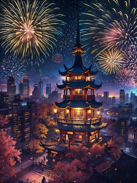 at winter season，new year，(couple:1.2)，city night scene，(buildings:1.3)，(brilliantly lit)，lamplight，starry sky river，gorgeous co...