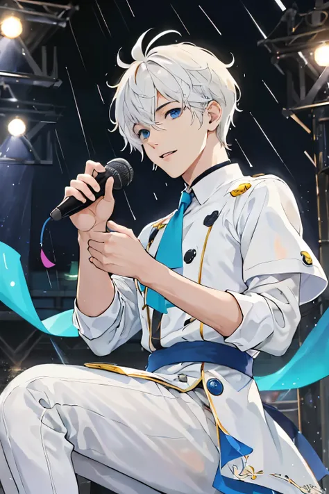 1 male 、About 22 years old、The human、idol、Ginteが降っている、白色のpompadour、Blue eyes、light skinned、tall、idol衣装、Playing live、Ginte〜It&#39;s raining、white  shirt、Have a microphone、Glitter、GinteーIt&#39;s raining、cute little、Hair is white、pompadour、Ginteープ、Playing liv...