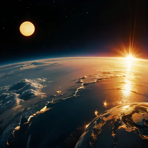 photos realistic, The sun behind the earth seen from space, The moon visible in the distance, cosmic space,