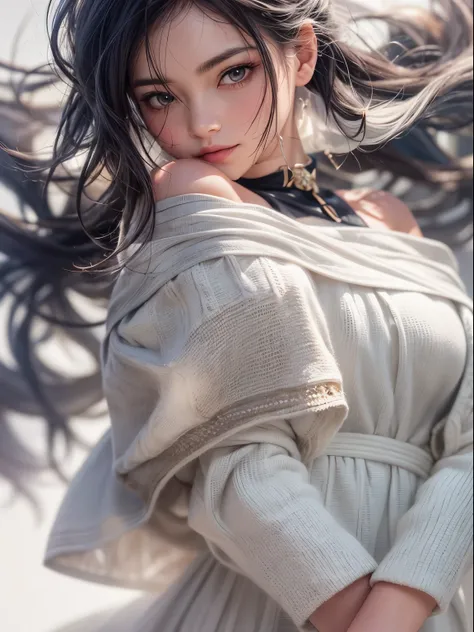 solo, womsn, detaild beautiful face and eyes, off shoulder white shirt and skirt, black hair, long hair, floating hair, shiny hair, jewelry, light smile, Conceptual art, cinematic lighting, jpeg artifacts, Eye-Level Shot, drop shadow, depth of field, hyper...